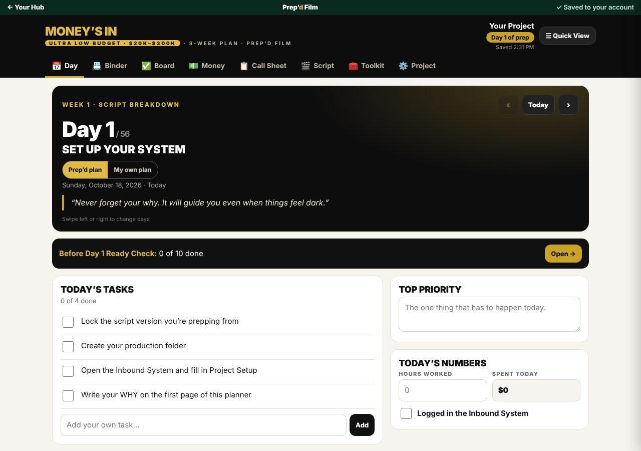 The Money’s In Hub in Prep’d Film: Day 1, today’s tasks, and a daily quote